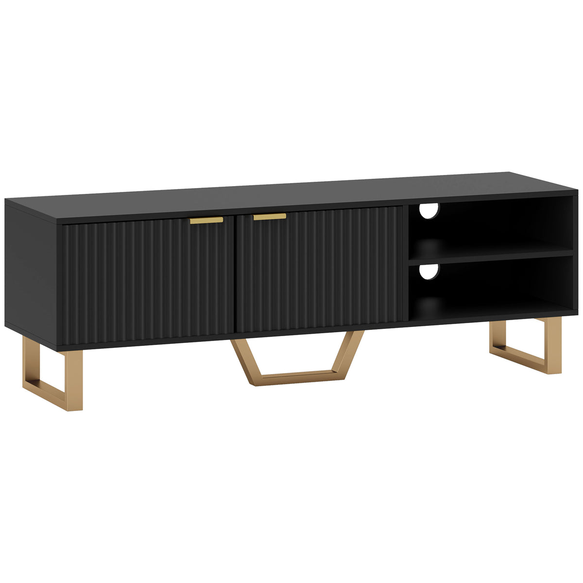 Meuble TV banc TV pour téléviseur jusqu'à 70 pouces - placard à 2 portes cannelées, compartiment ouvert et passe-câbles
