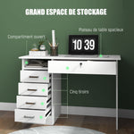 Bureau moderne avec 5 tiroirs, grand plateau, 1 compartiment ouvert, tiroir verrouillable, 110 x 50 x 76cm, blanc