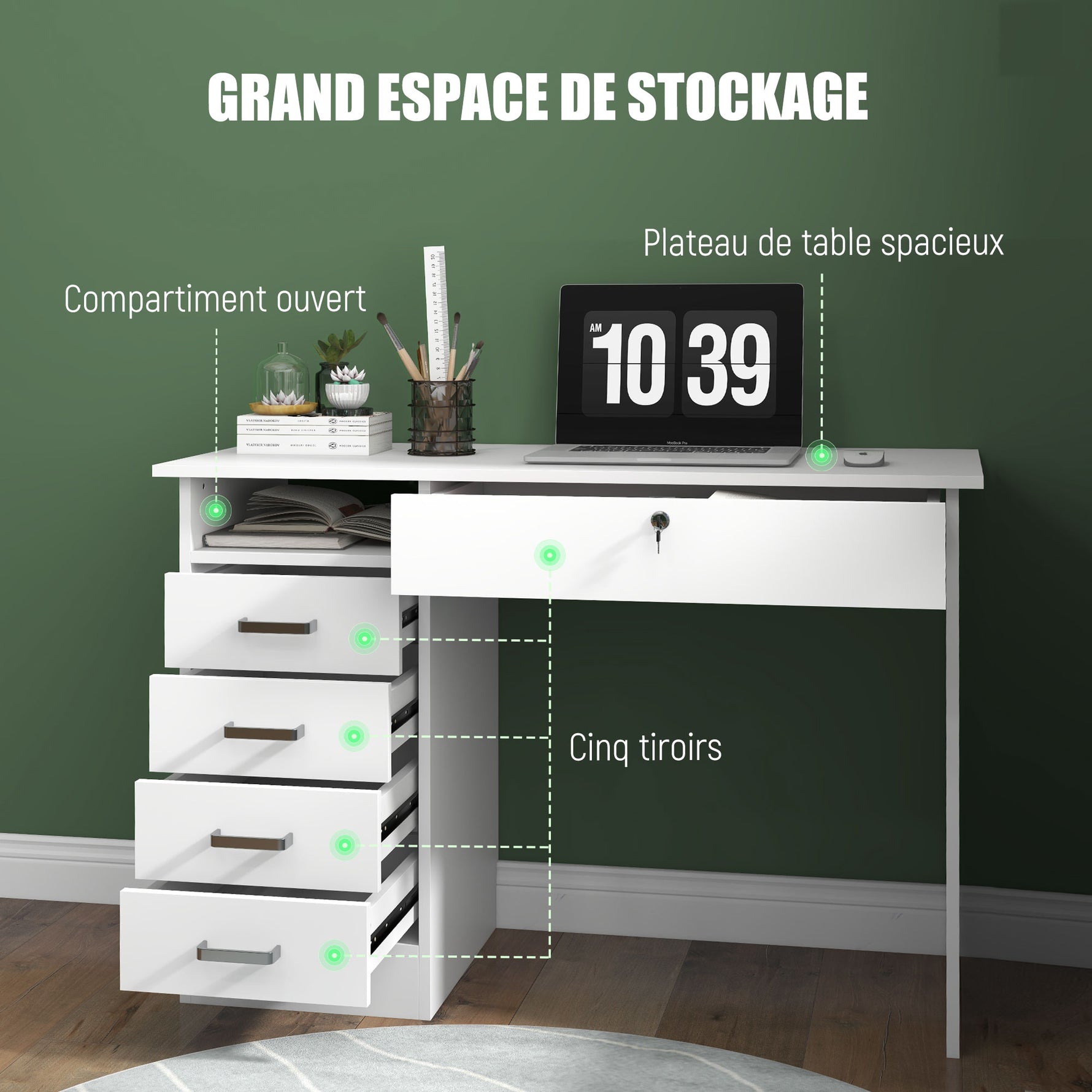 Bureau moderne avec 5 tiroirs, grand plateau, 1 compartiment ouvert, tiroir verrouillable, 110 x 50 x 76cm, blanc