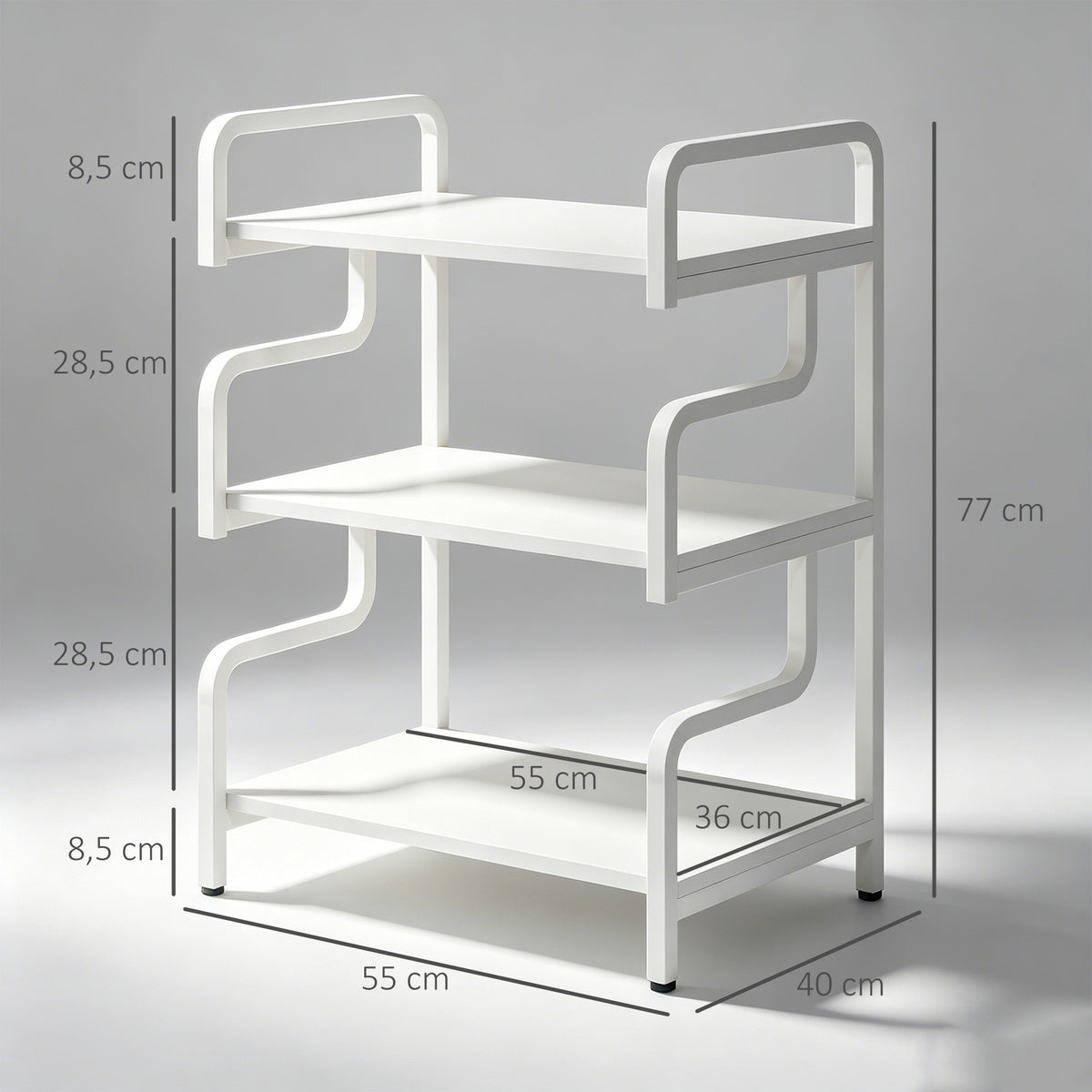 Estantería de almacenamiento de 3 niveles, estantería de metal de diseño industrial, estructura de acero, 55 x 40 x 77 cm, blanco