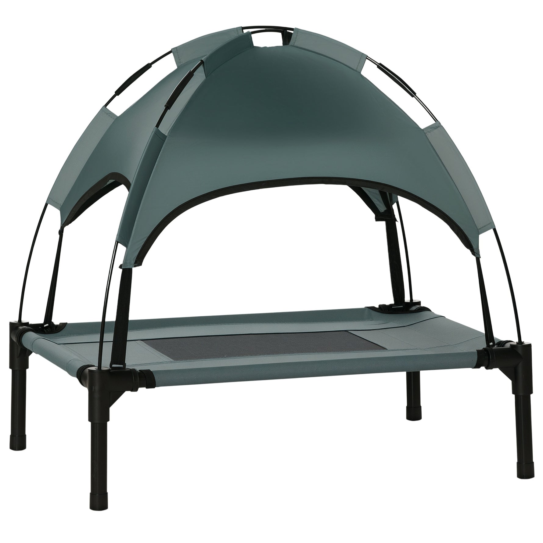 Lit chien sureleve avec parasol, lit de camp chien chat sur pieds tissu Oxford respirant, anti-UV cadre en métal sac de transport inclus couchage extérieur pour chat 161 x 46 x 61 cm gris noir