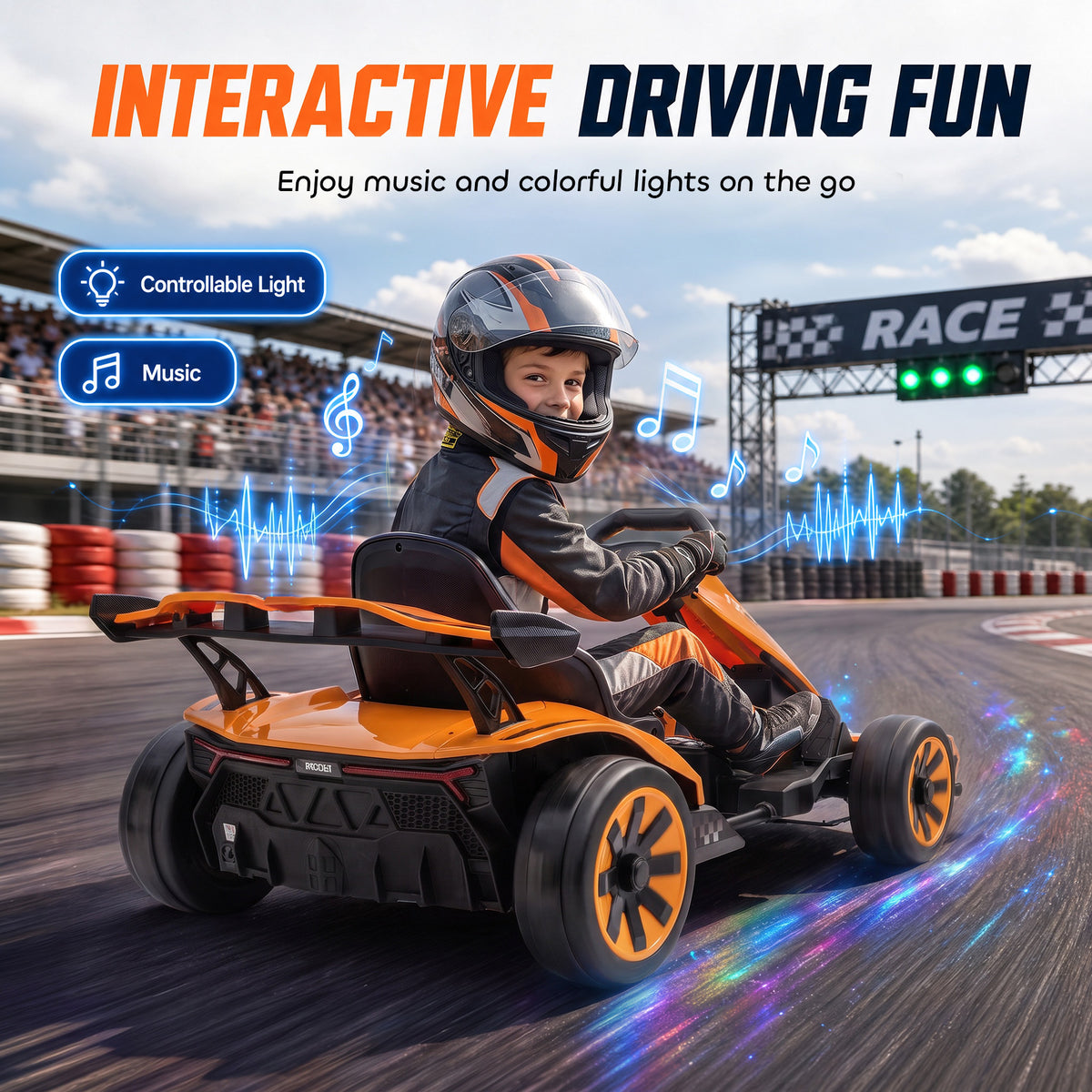 Kart Électrique pour Enfants 12 V, Go Kart, 2 Moteurs, Siège Réglable, Batterie au Lithium, Démarrage Progressif, Orange