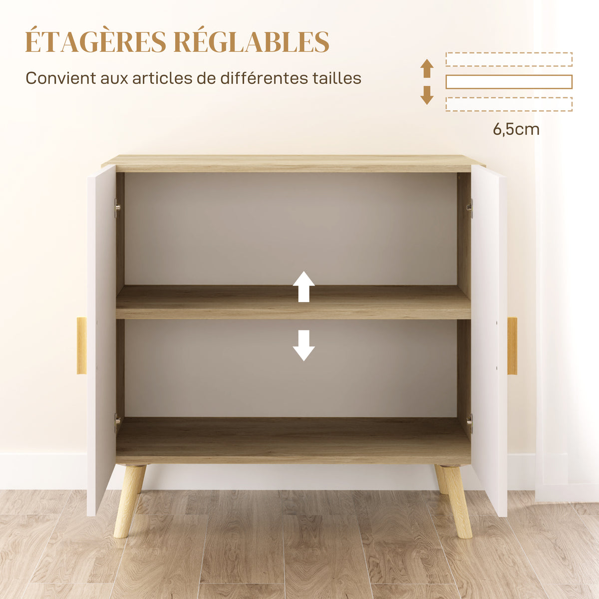 Buffet meuble de rangement avec poignées en bambou étagère ajustable base surélevée 76 x 41,2 x 74 cm blanc bois naturel