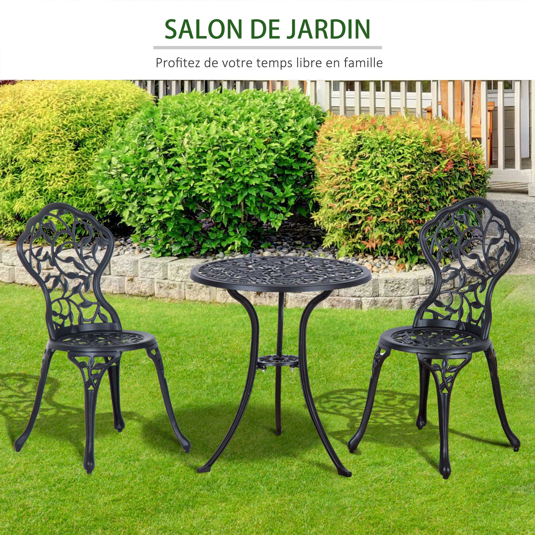 Ensemble de bistrot 3 pièces avec 2 chaises et 1 table ronde style antique, pour jardin, terrasse, balcon, noir