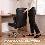 Chaise Bureau Ergonomique avec Accoudoirs Relevables, Fauteuil de Bureau en PU, Hauteur Réglable, Fonction Bascule, Noir