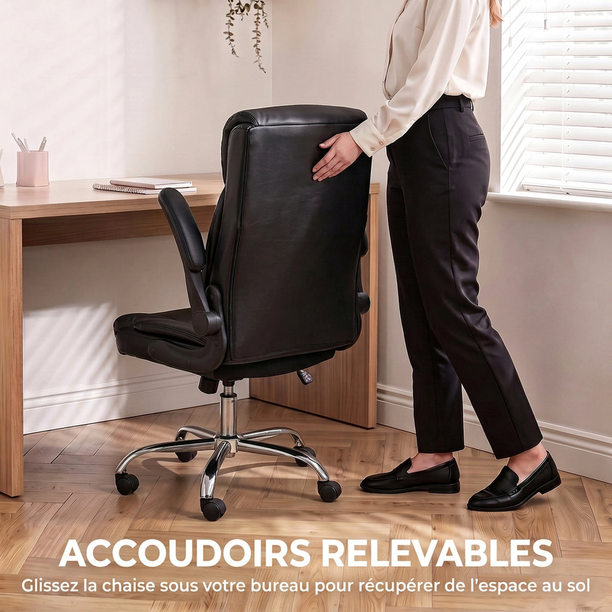 Chaise Bureau Ergonomique avec Accoudoirs Relevables, Fauteuil de Bureau en PU, Hauteur Réglable, Fonction Bascule, Noir