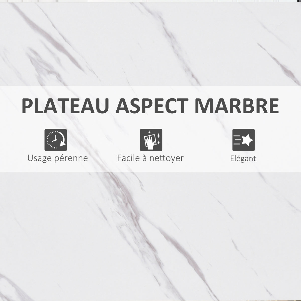 Table de Bar Table Haute de Cuisine Mange-debout - dim. 120L x 40l x 100H cm - châssis piètement Acier, Plateau Aspect marbre Blanc