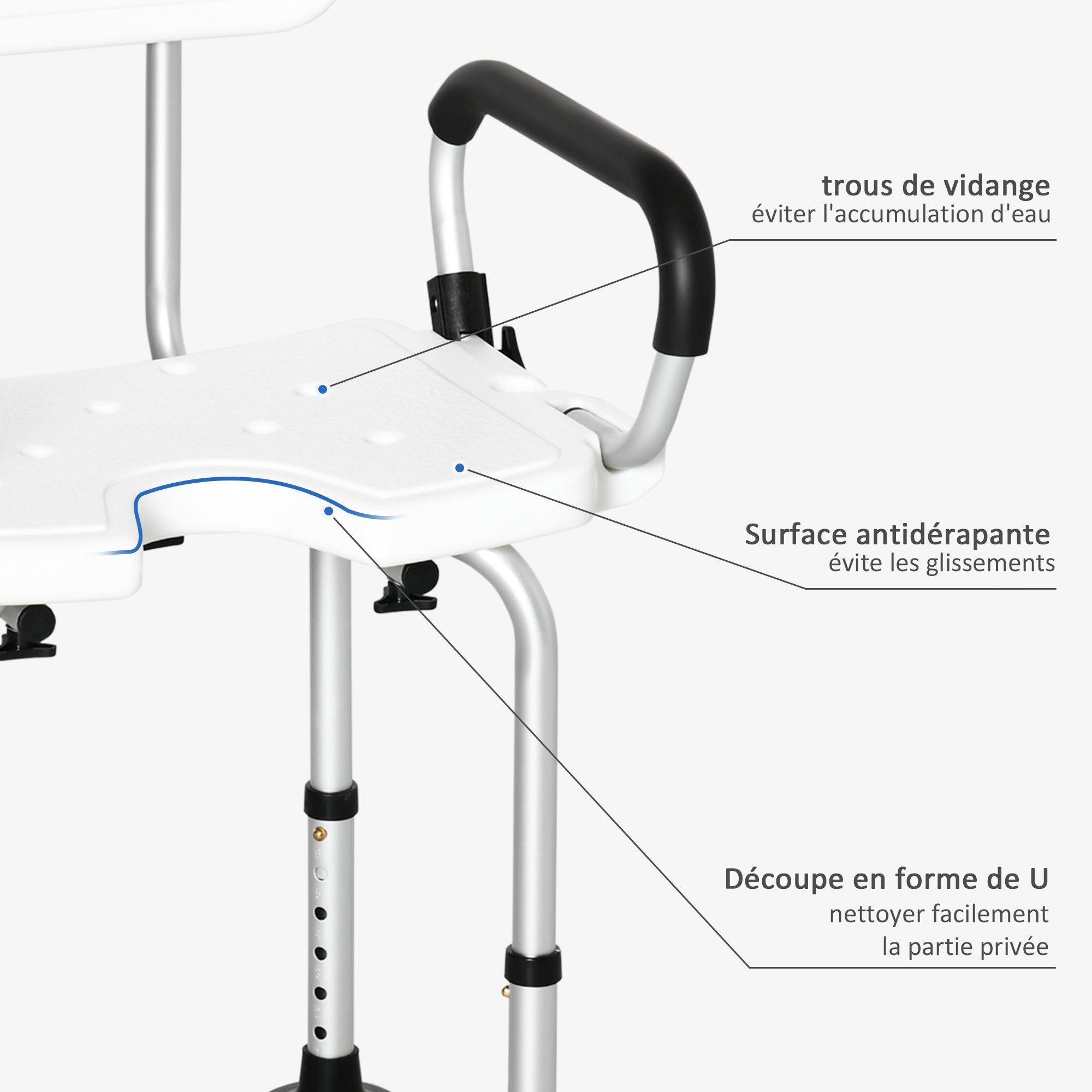 Sedia doccia, sgabello doccia regolabile in altezza con schienale e braccioli ribaltabili, seduta a U, piedini antiscivolo a ventosa, per anziani e disabili, alluminio HDPE, bianco