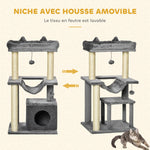Arbre à chat avec griffoir, en tissu peluche, tour de jeux pour chat, lit, niche, hamac, plateforme 48 x 48 x 90 cm gris