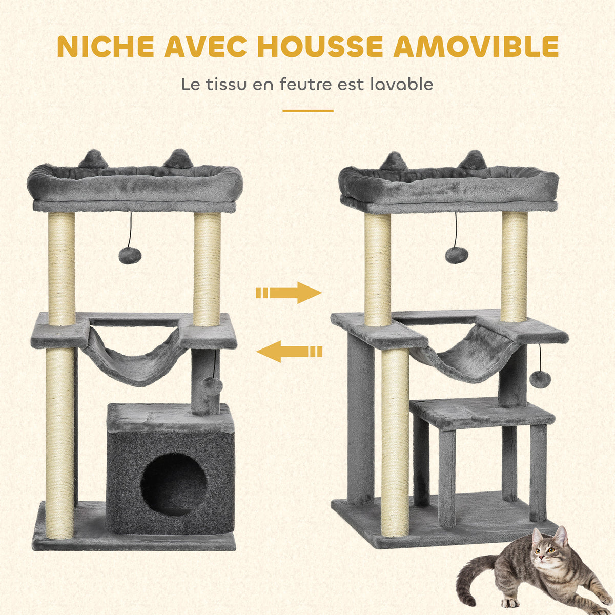 Arbre à chat avec griffoir, en tissu peluche, tour de jeux pour chat, lit, niche, hamac, plateforme 48 x 48 x 90 cm gris