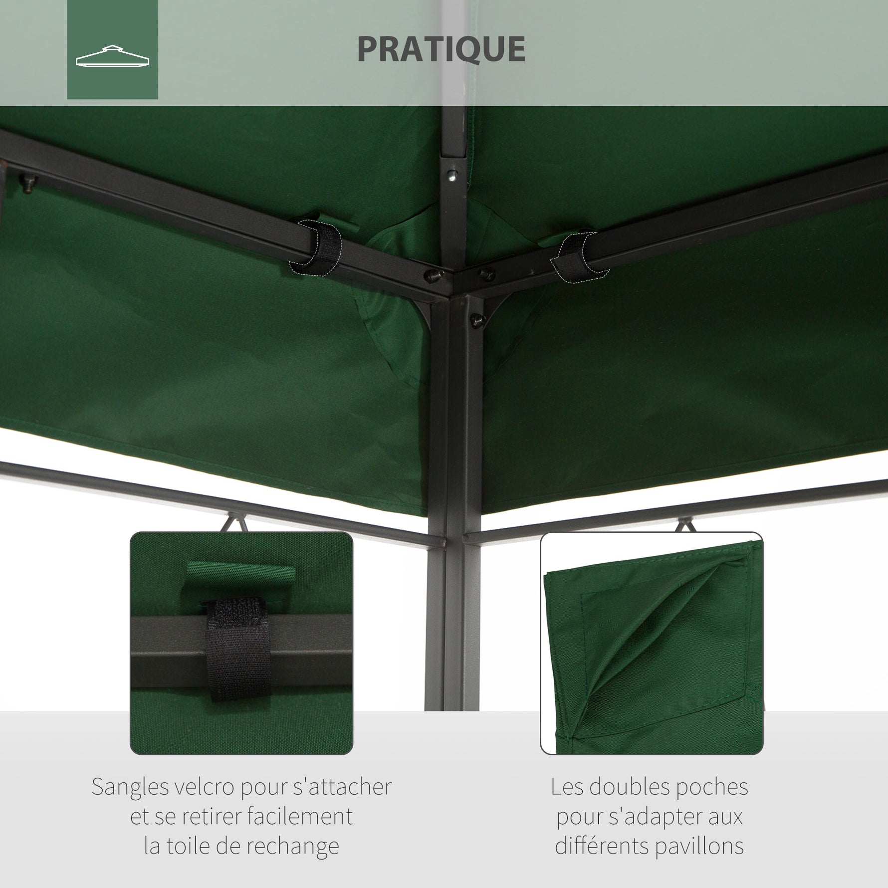 Toile de rechange pour pavillon tonnelle tente 3 x 4 m polyester haute densité 180 g/m² vert