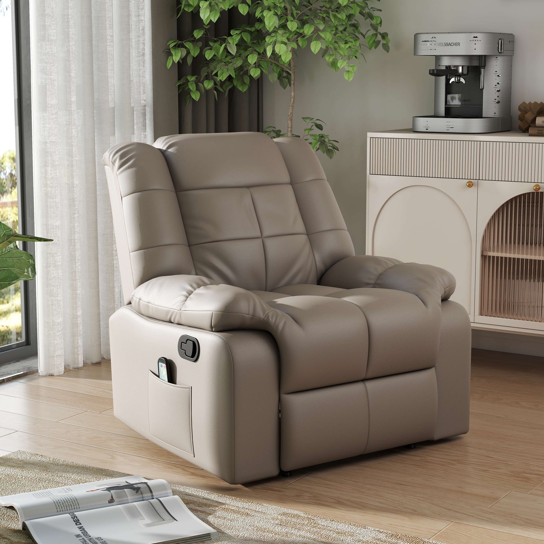 Fauteuil de massage fauteuil de relaxation massant avec dossier inclinable manuellement et repose-pied fauteuil TV revêtement synthétique télécommande incluse gris