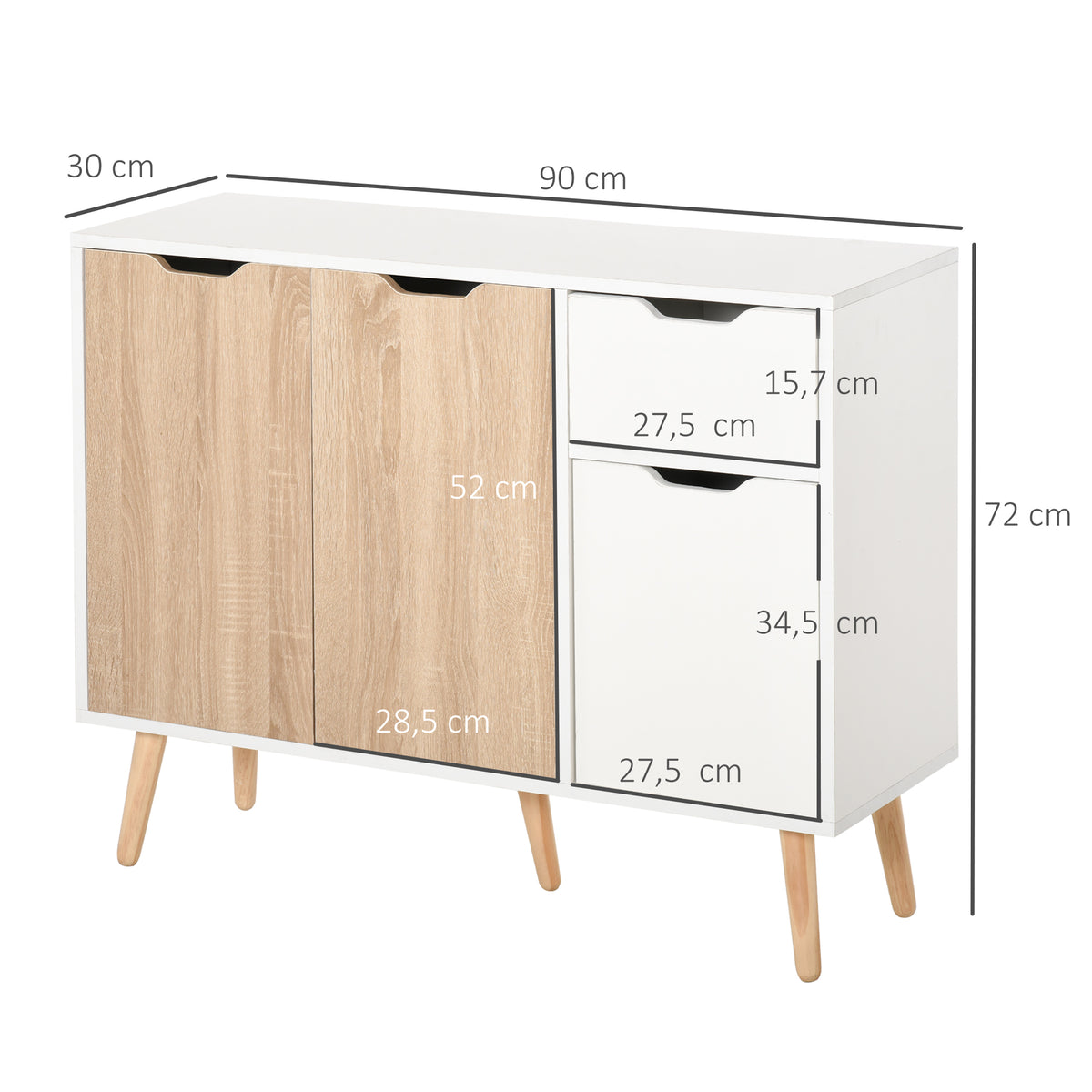 Dressoir Scandinavisch design 2 kasten schuiflade massief grenenhouten poten spaanplaat wit licht eiken