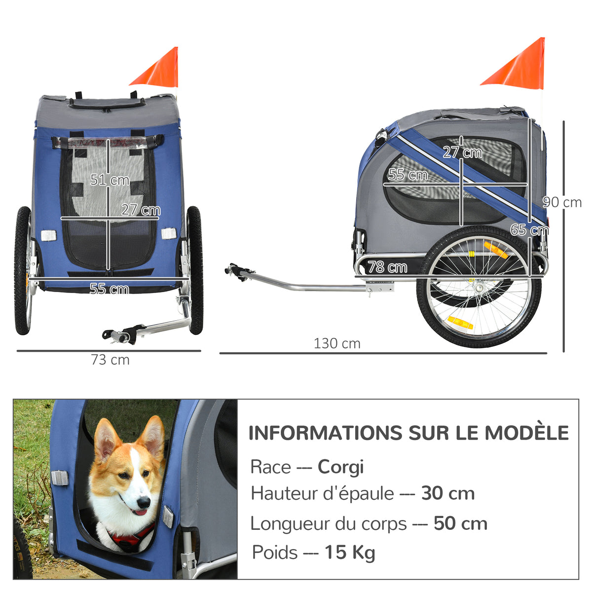 Remorque vélo pour chien animaux 8 réflecteurs drapeau barre attelage inclus acier polyester imperméable max. 30 Kg 130L x 73l x 90H cm bleu