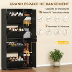 Meuble à chaussures 16 paires armoire à chaussures 4 tiroirs rabattables 2 portes en miroir étagères réglables noir