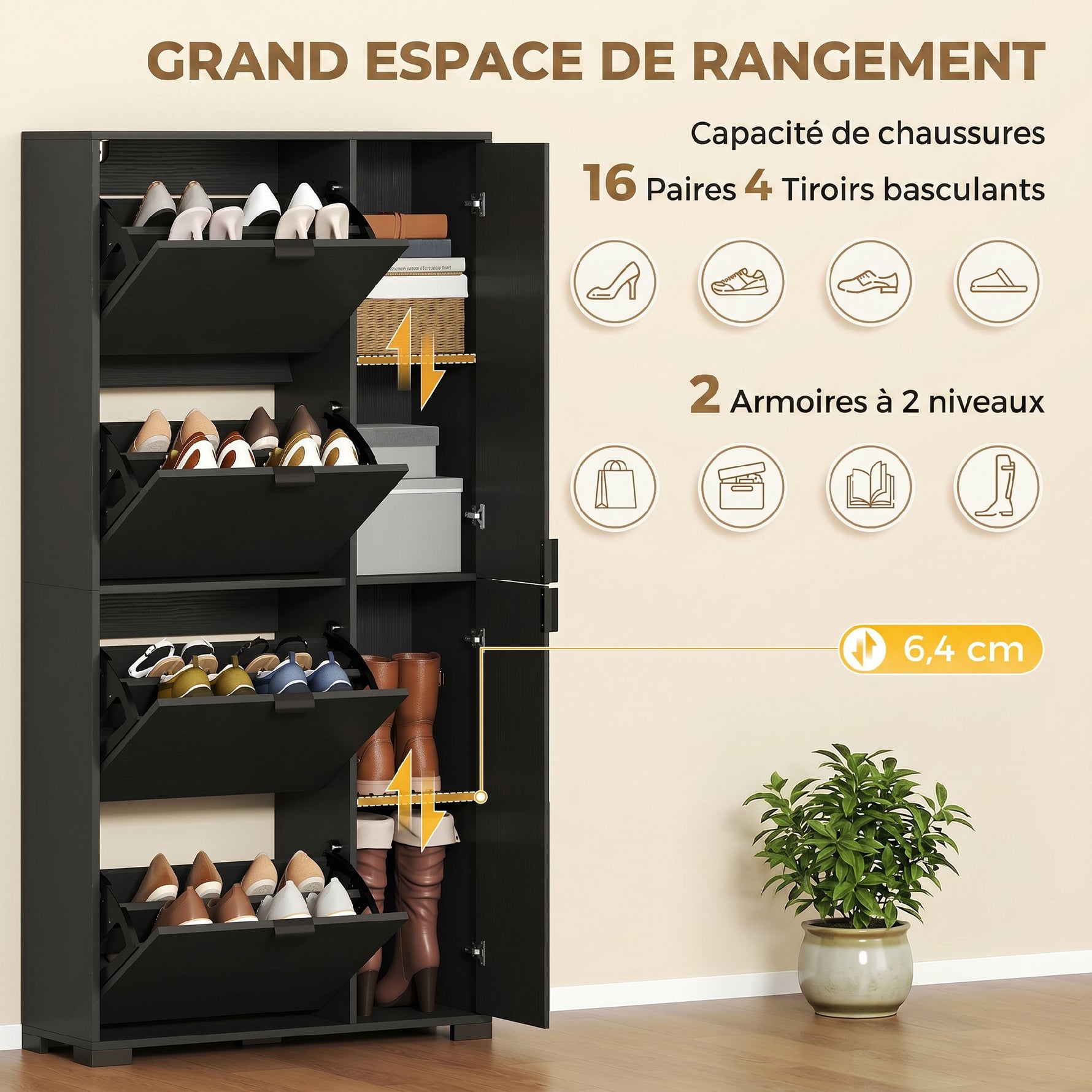 Meuble à chaussures 16 paires armoire à chaussures 4 tiroirs rabattables 2 portes en miroir étagères réglables noir