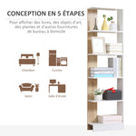Bibliothèque Étagère de Rangement avec 5 Compartiments Ouverts Design Simple Moderne Blanc et Chêne