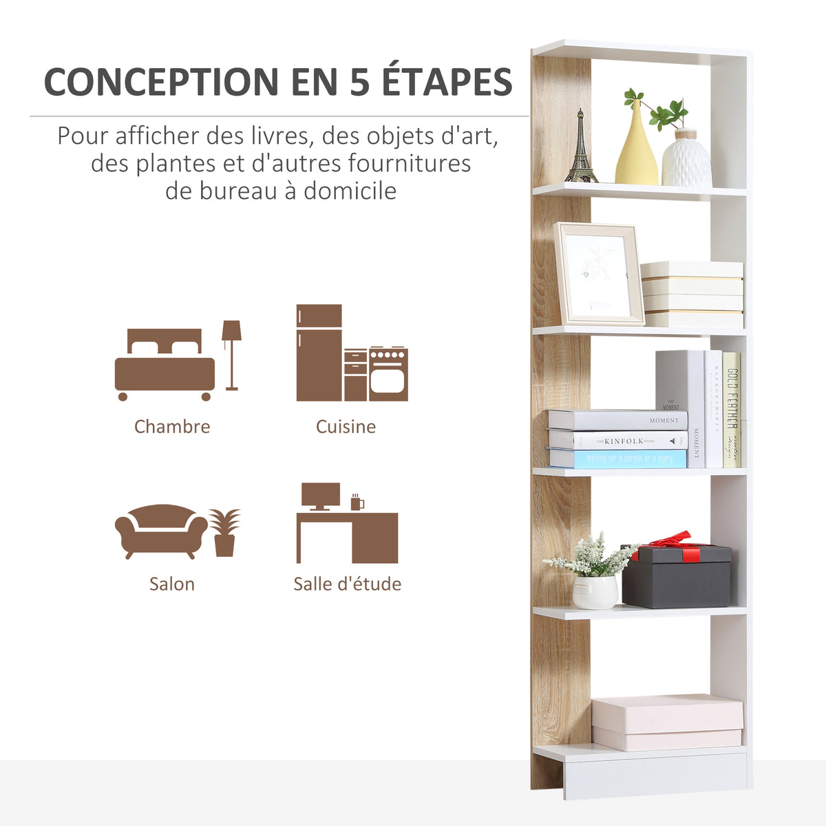 Bibliothèque Étagère de Rangement avec 5 Compartiments Ouverts Design Simple Moderne Blanc et Chêne