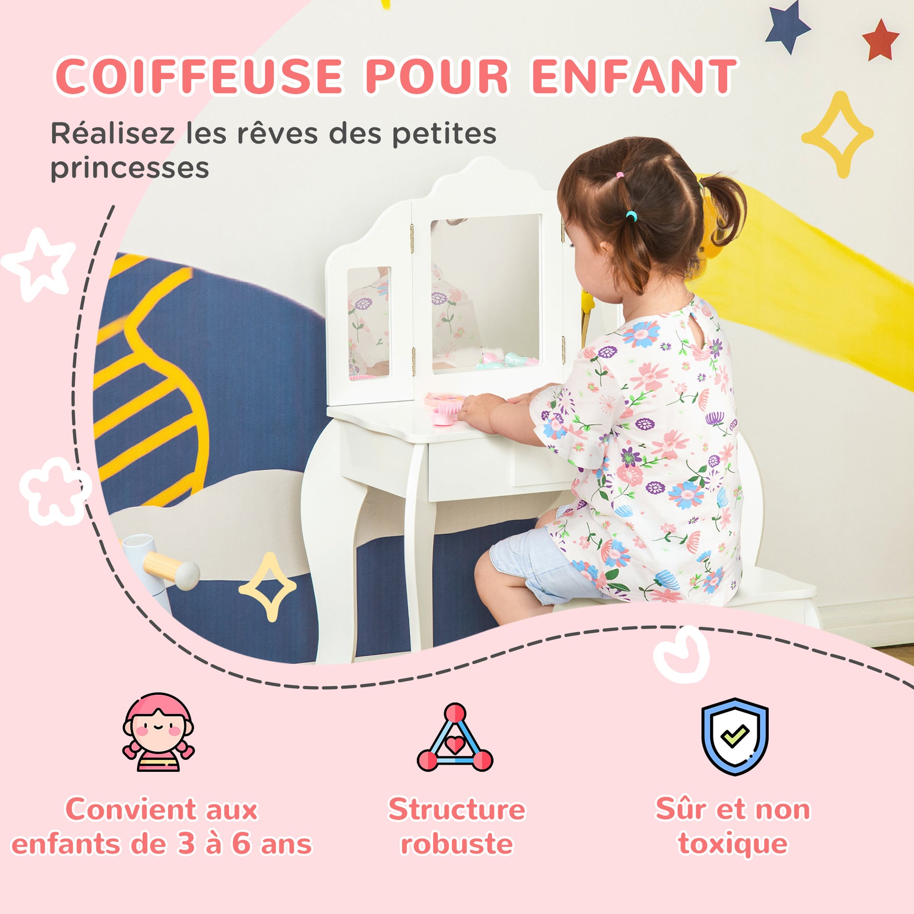 Coiffeuse Enfant avec Tabouret, Coiffeuse Bureau 2 en 1 Miroir triptyque et tiroir Coulissant Blanc Acrylique