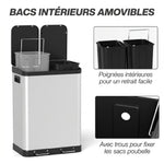 Poubelle de cuisine à double compartiment 2 x 30L avec pédale en acier inoxydable, couvercle à fermeture douce, argent