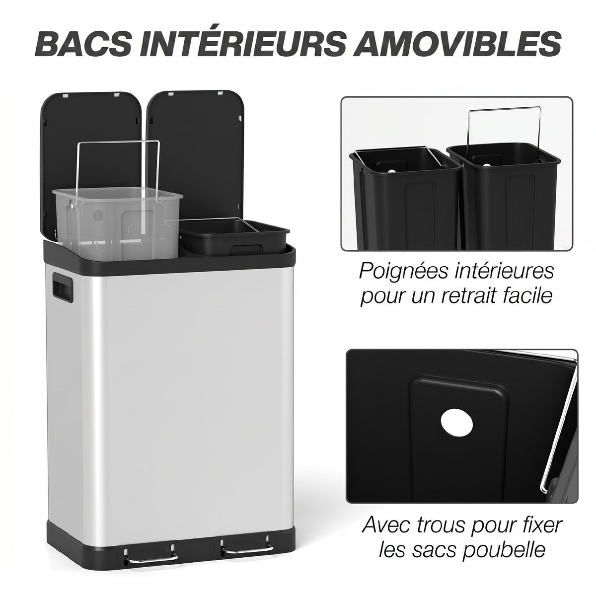 Poubelle de cuisine à double compartiment 2 x 30L avec pédale en acier inoxydable, couvercle à fermeture douce, argent