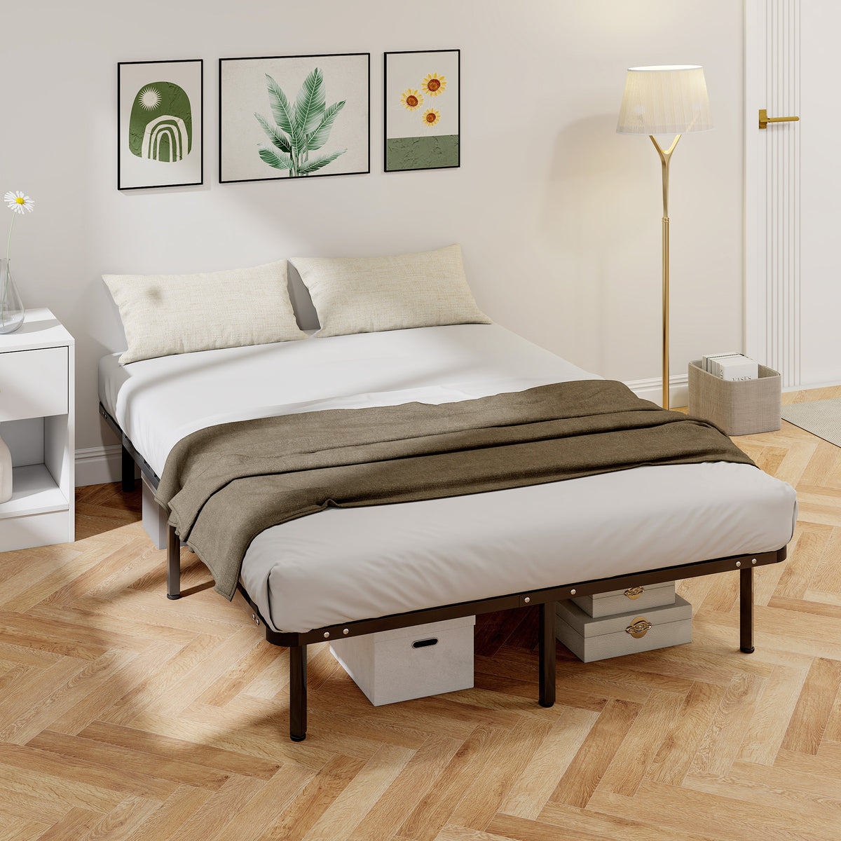 Bedframe 140 x 190 cm, tweepersoonsbed van massief hout met lattenbodem en voeteneinde, opbergruimte eronder, zwart