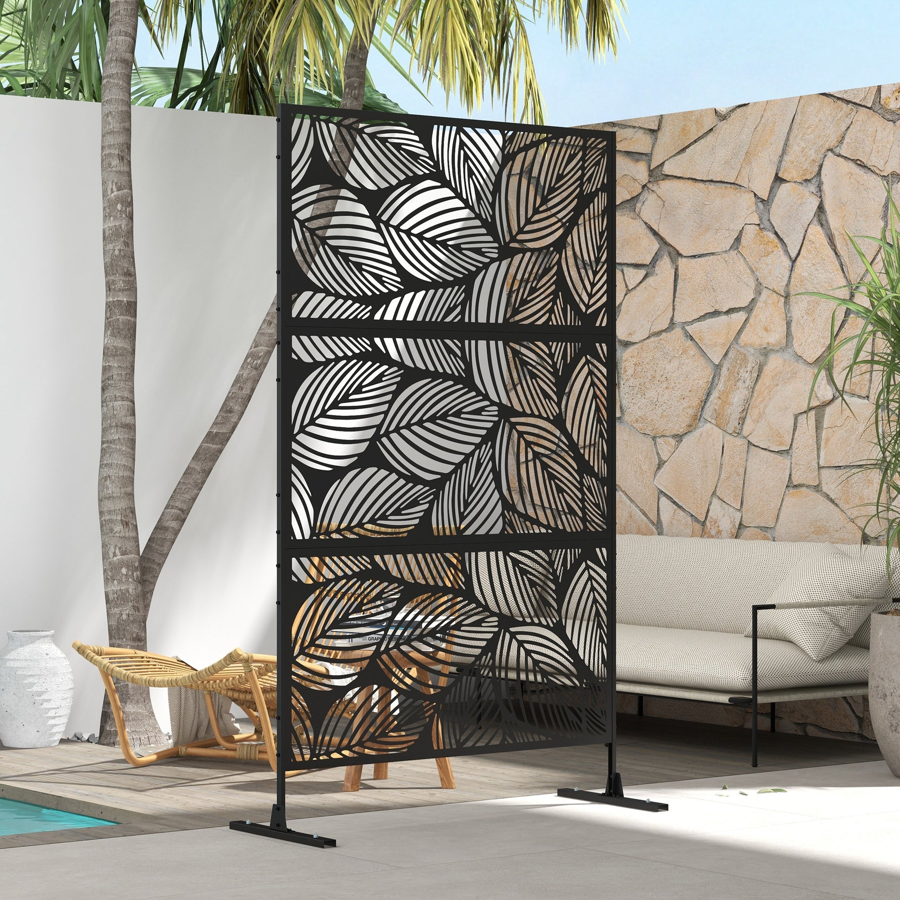 Panneau brise vue décoratif paravent extérieur noir à motif végétal en acier - 122 x 45 x 198 cm, noir