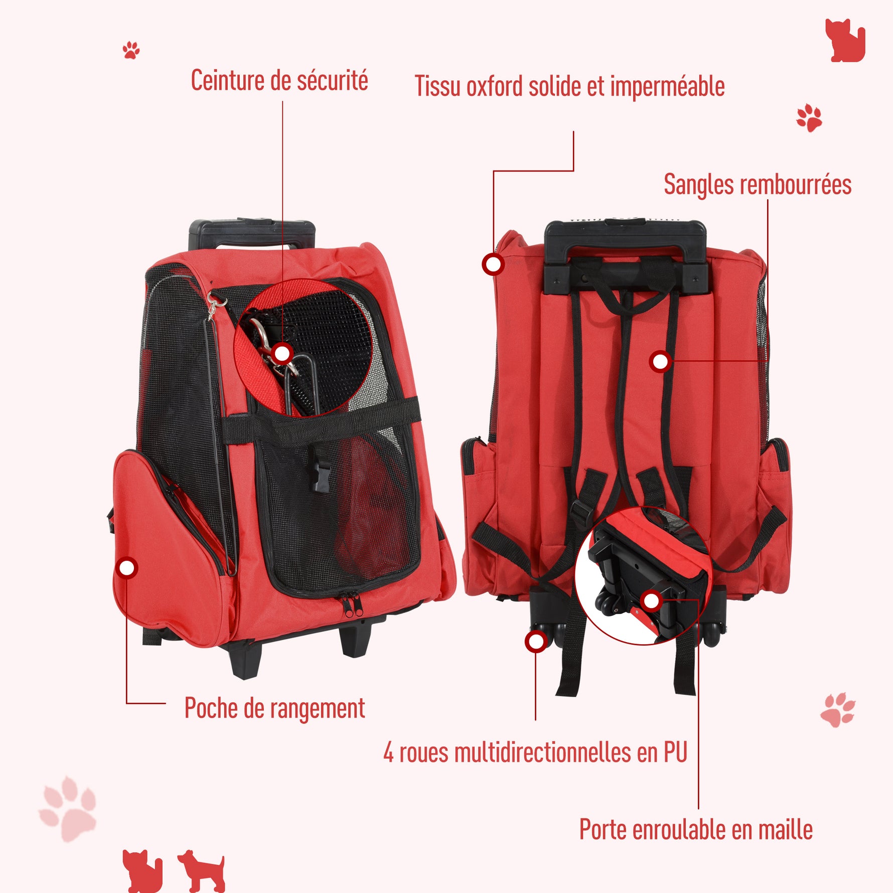 Sac de transport à roulettes pour chien 2 en 1 trolley chariot sac à dos pour chien chat avec poignée téléscopique, sacs de rangement, aérations, attache de sécurité, 42 x 25 x 55 cm, rouge