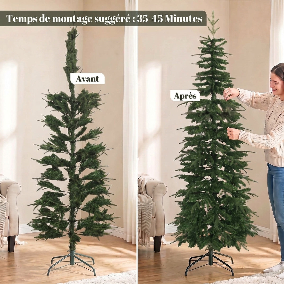Kunstkerstboom 210 cm, Scharnierende takken van brandvertragend PE en PVC, Inklapbare stalen standaard, Groen