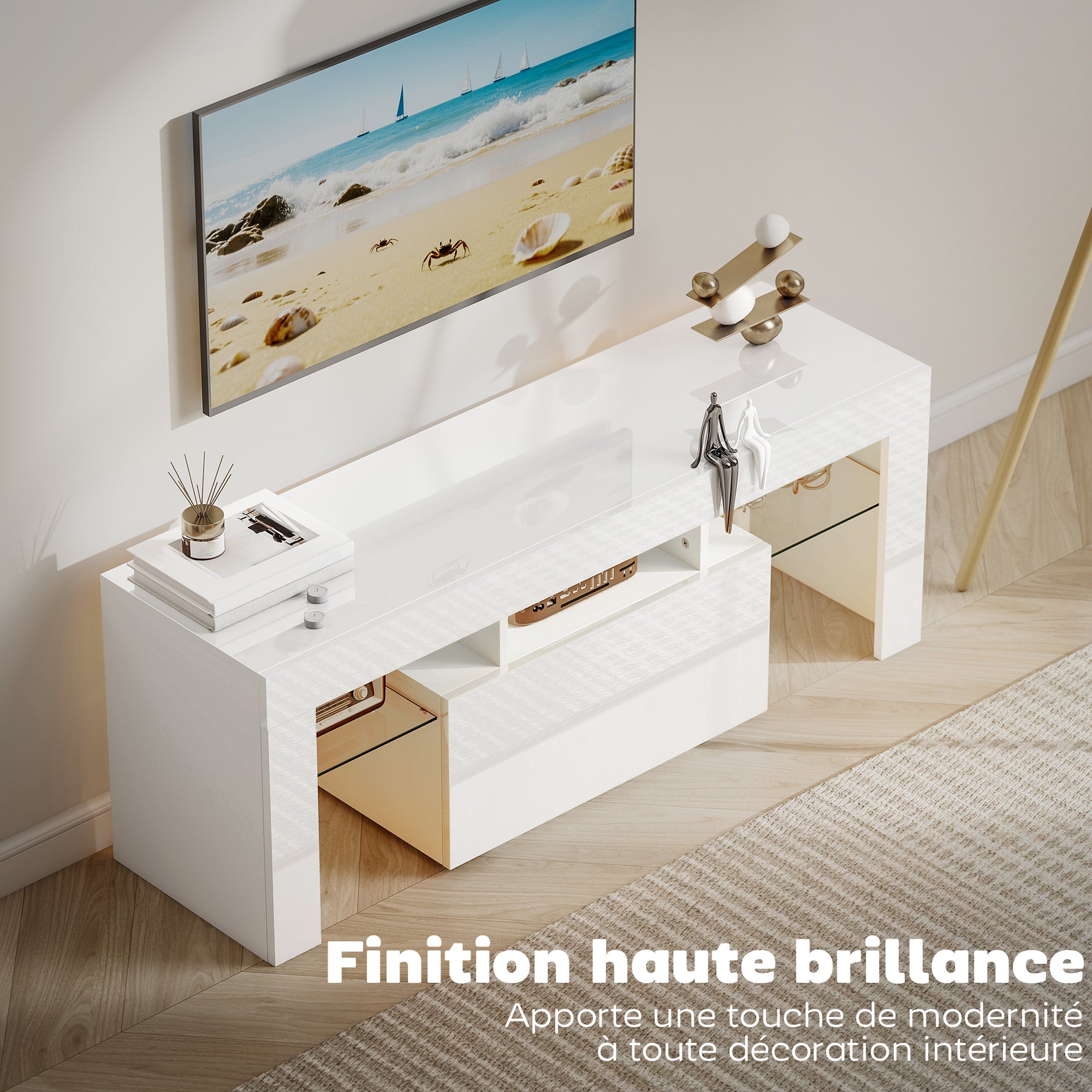 Meuble TV, meuble télé avec éclairage LED RGB, haute brillance, étagères en verre trempé, 120x34x45cm, blanc