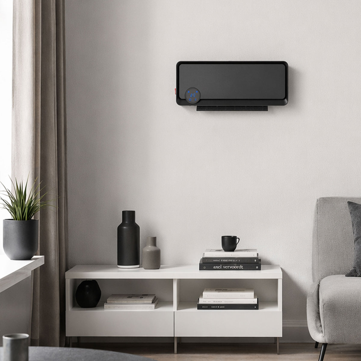 Oscillerende wandventilator 2000 W, PTC-keramische verwarming, 3 vermogensniveaus, 56x11,7x18,5 cm, Zwart