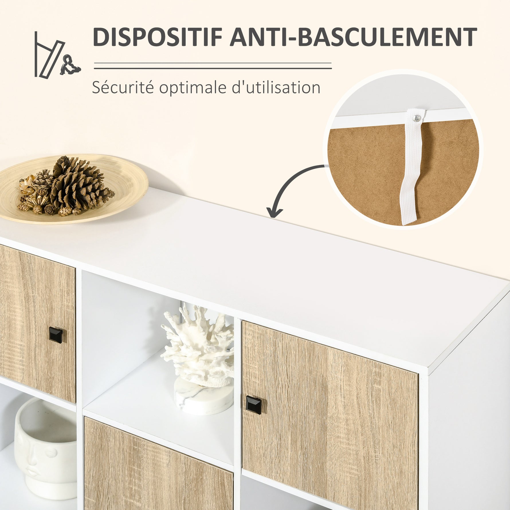 Buffet Salon, Meuble de Rangement 9 Cubes avec 3 Portes et 3 Compartiments Ouverts, Pieds en Bois de Pin, Style Moderne, Buffet Salle à Manger, Cuisine, 96x30x75cm, Blanc et Naturel