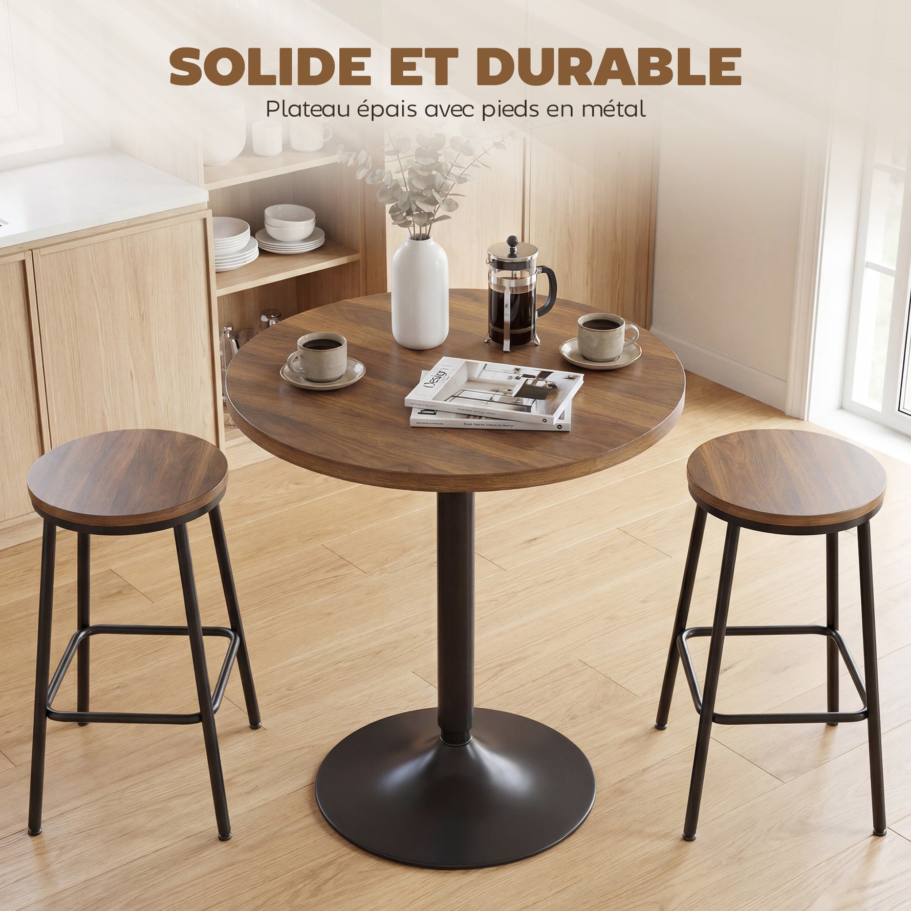 Table de bar ronde 60 cm, table haute cuisine mange-debout avec patins antidérapants, pour cuisine, salon, noyer