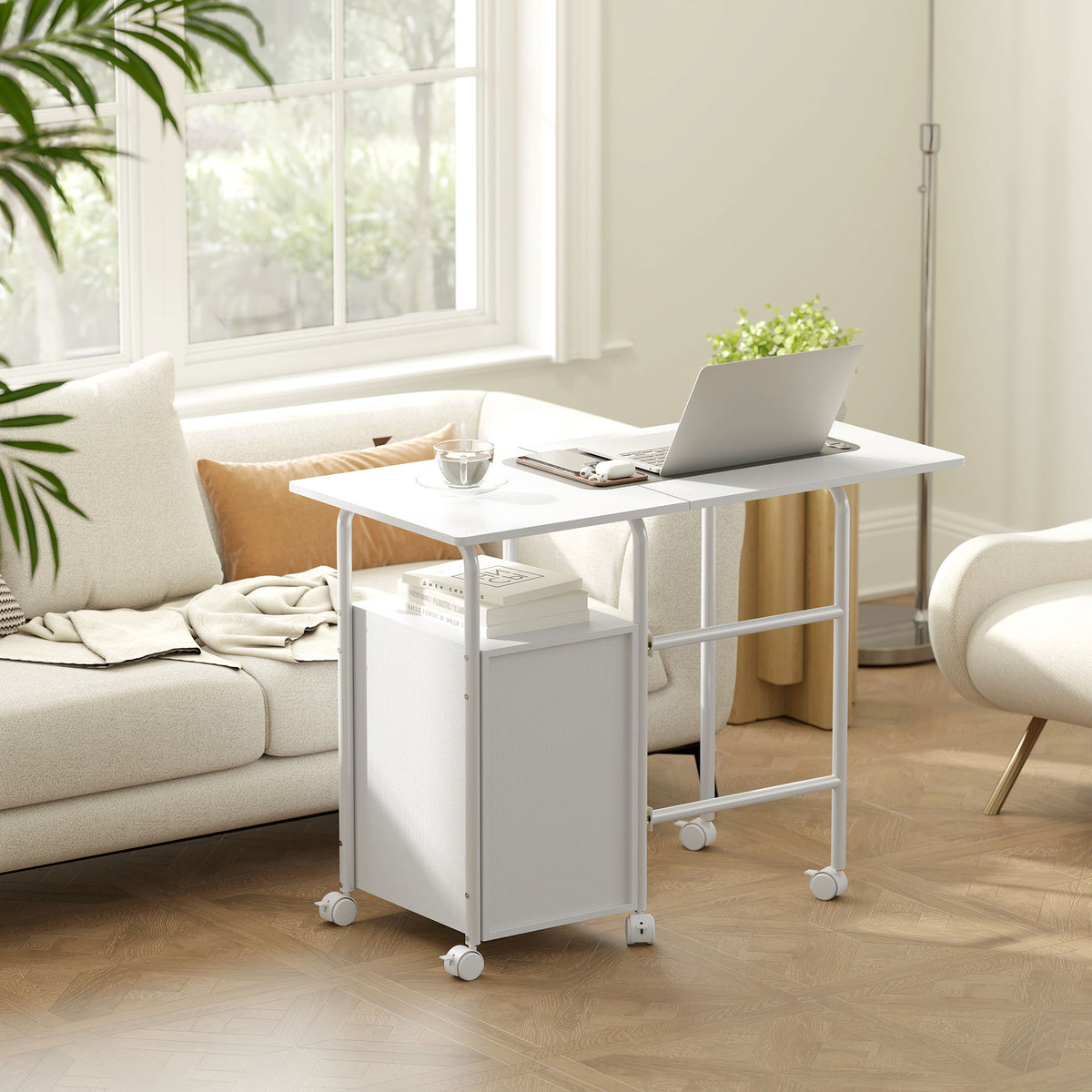 Bureau d'ordinateur pliable sur roulettes, bureau avec rangement, 3 tiroirs, plateau extensible, 105x51x75,5cm, blanc