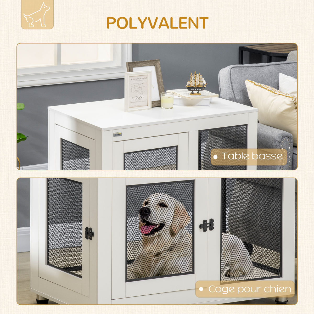 Cage pour chien cage de chien sur pied avec coussin amovible acier noir et blanc - 94 x 60 x 71,5 cm