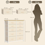 Cassettiera a 10 cassetti in tessuto, mobile contenitore con 4 tasche, 2 ganci, struttura in acciaio, 80 x 30 x 94,5 cm, beige