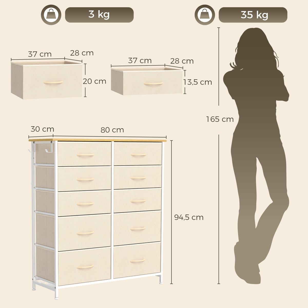 Cassettiera a 10 cassetti in tessuto, mobile contenitore con 4 tasche, 2 ganci, struttura in acciaio, 80 x 30 x 94,5 cm, beige