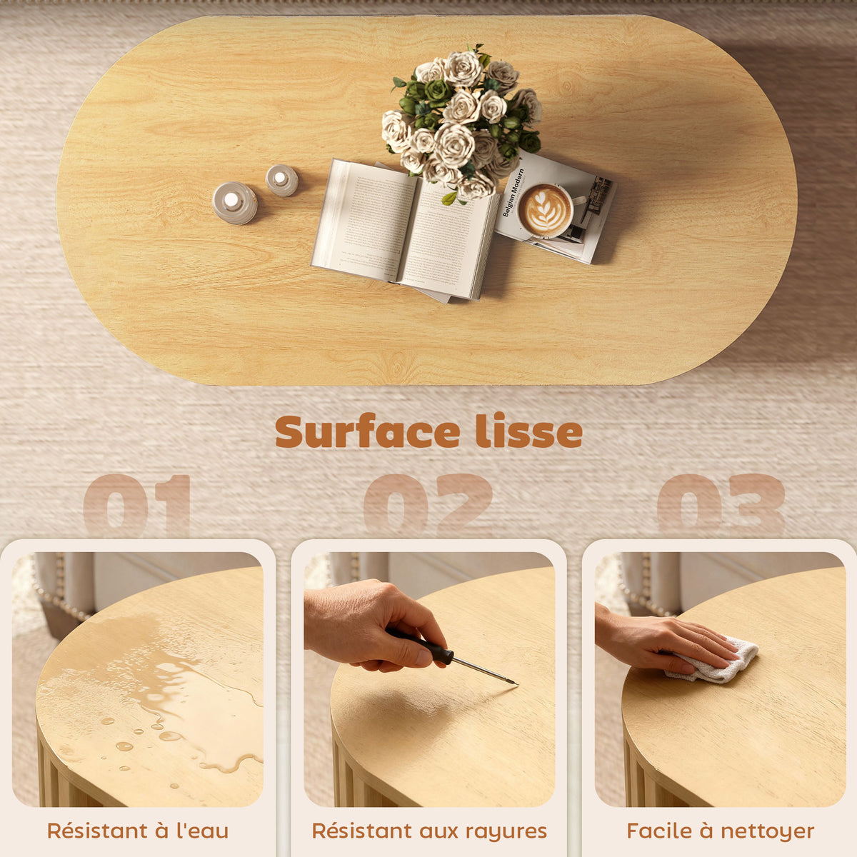 Table basse ovale, table de salon avec rangement, coins arrondis, design lattes, 100 x 50 x 40 cm, effet bois naturel