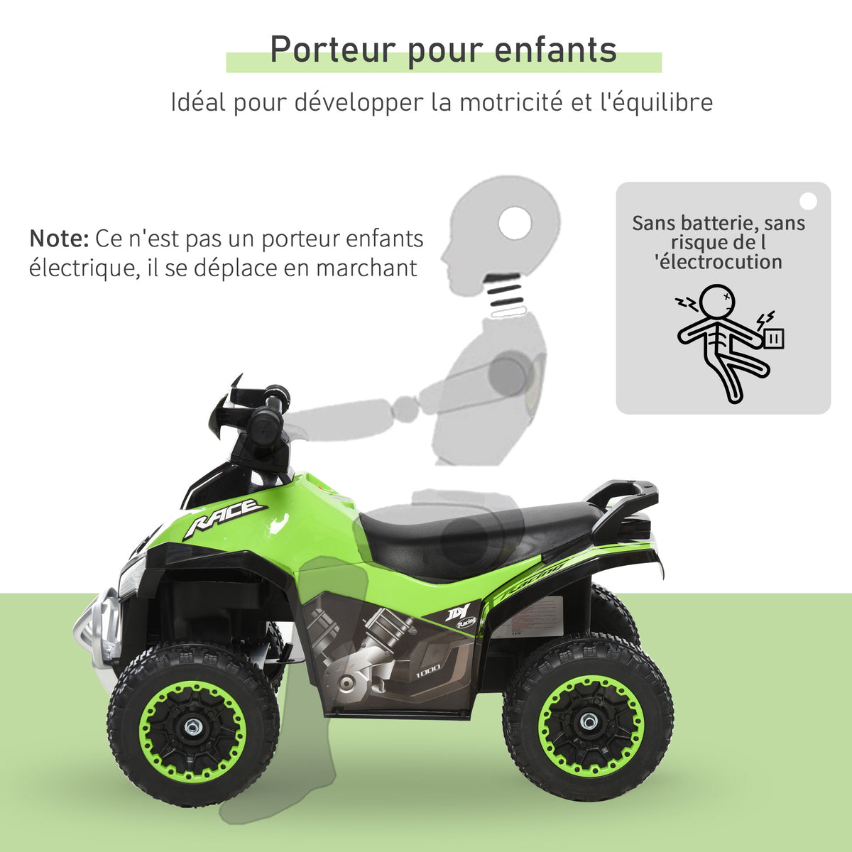 Toddler Quad Ride-on 18-36 Months dim. 67L x 38W x 44H cm Light and Sound Effects Green Black