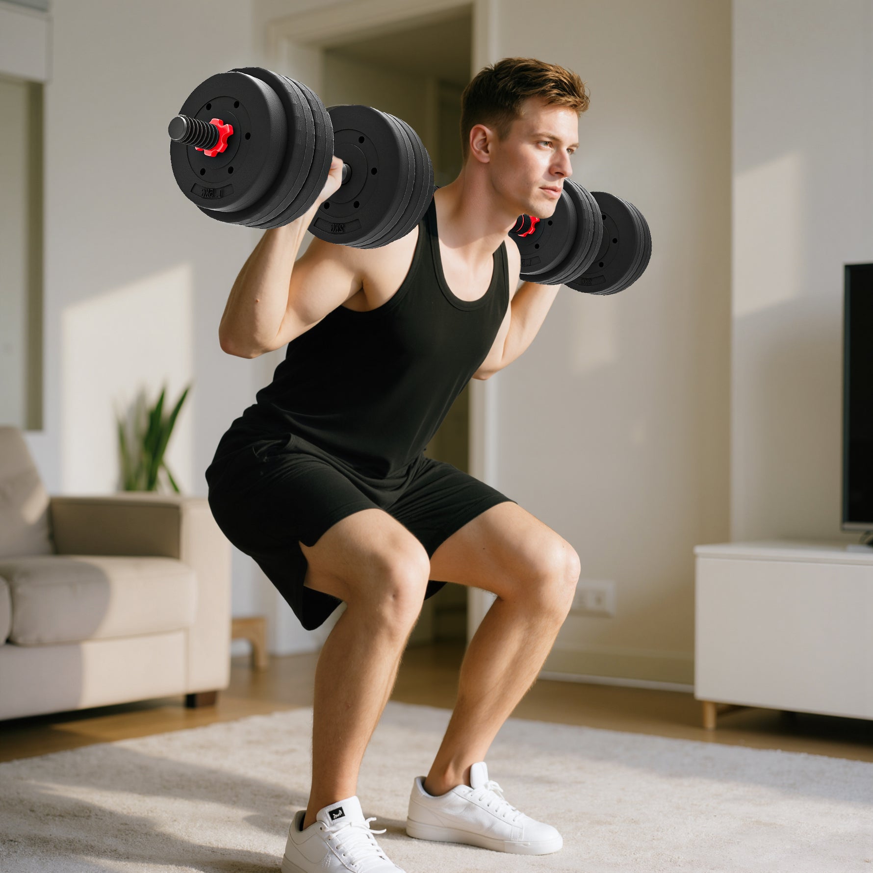 Kit Haltères Musculation 2-en-1, Lot de 2, 25 kg, poids réglable - Barres incluses - entraînement Musculaire & haltérophilie - HDPE Noir Rouge