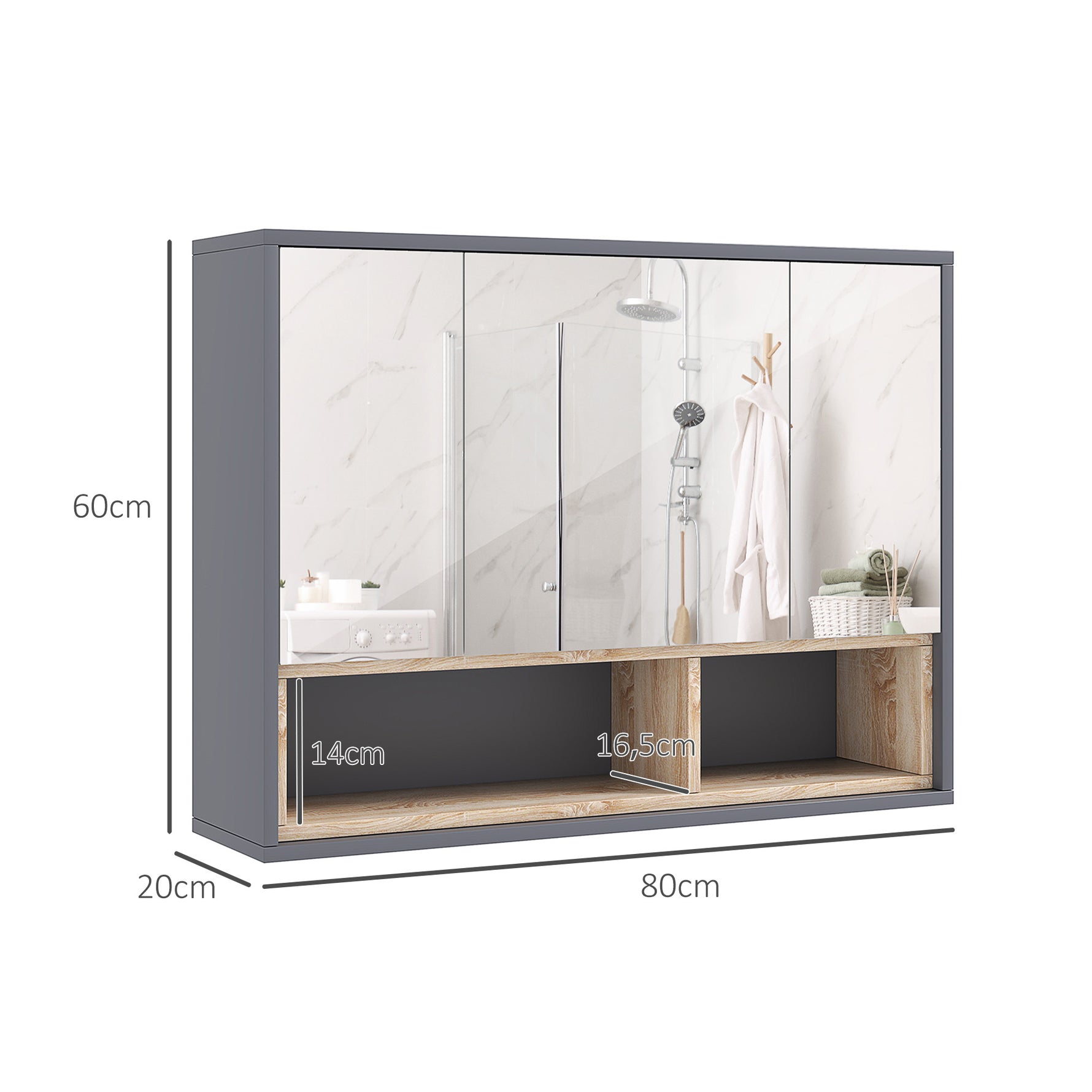 Meuble salle de bain avec miroir, armoire toilettes murale avec placards à 3 portes et 8 compartiments, gris