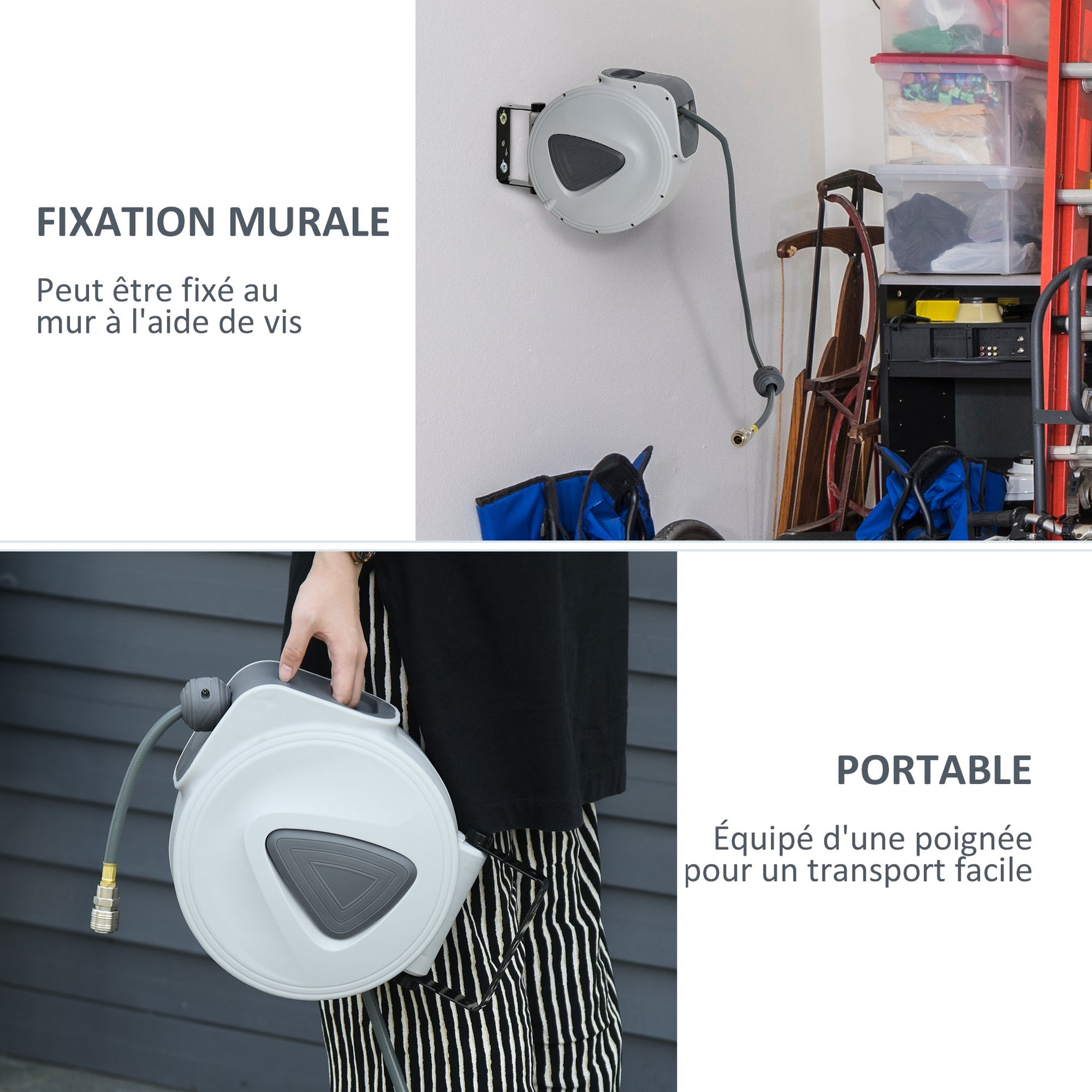 Enrouleur de tuyau à air comprimé - tuyau : 10 m + 0,9 m - Ø intérieur 3/8" (9,5 mm), 1/4" (6,35 mm) BSPT - dévidoir automatique pour tuyau d'air rétractable gris