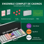 Mallette de Poker Coffret de Poker Complet avec 500 jetons 5 dés 2 Jeux de Cartes 3 boutons 1 Tapis en Feutre