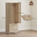 Schlafzimmerschrank mit 2 Rattantüren, 2 Schubladen und Kleiderstange, 63 x 47 x 185 cm, Naturholz