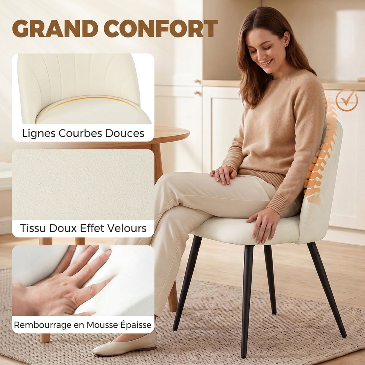 Lot de 2 chaises de salle à manger, chaises de cuisine rembourrées sans accoudoirs, pieds en acier, 52x55x79cm, crème
