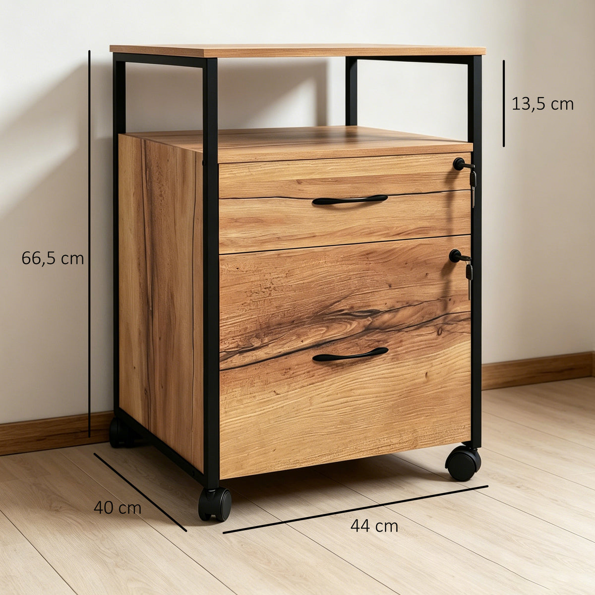 Caisson bureau mobile avec 2 tiroirs, meuble rangement bureau sur roulettes avec barres pour dossiers, marron