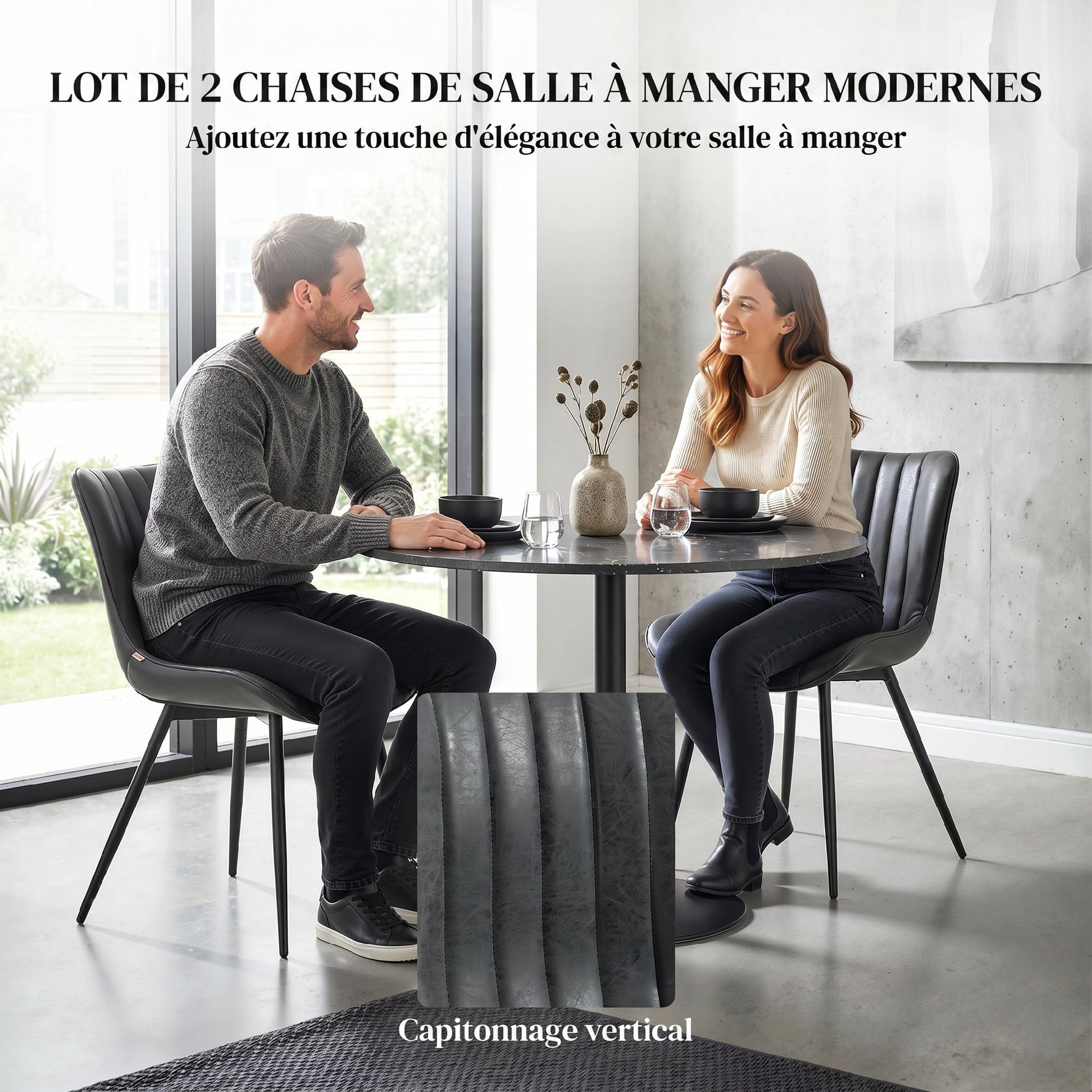 Lot de 2 chaises de salle à manger design moderne et capitonné pour salon, salle à manger, chambre à coucher, noir