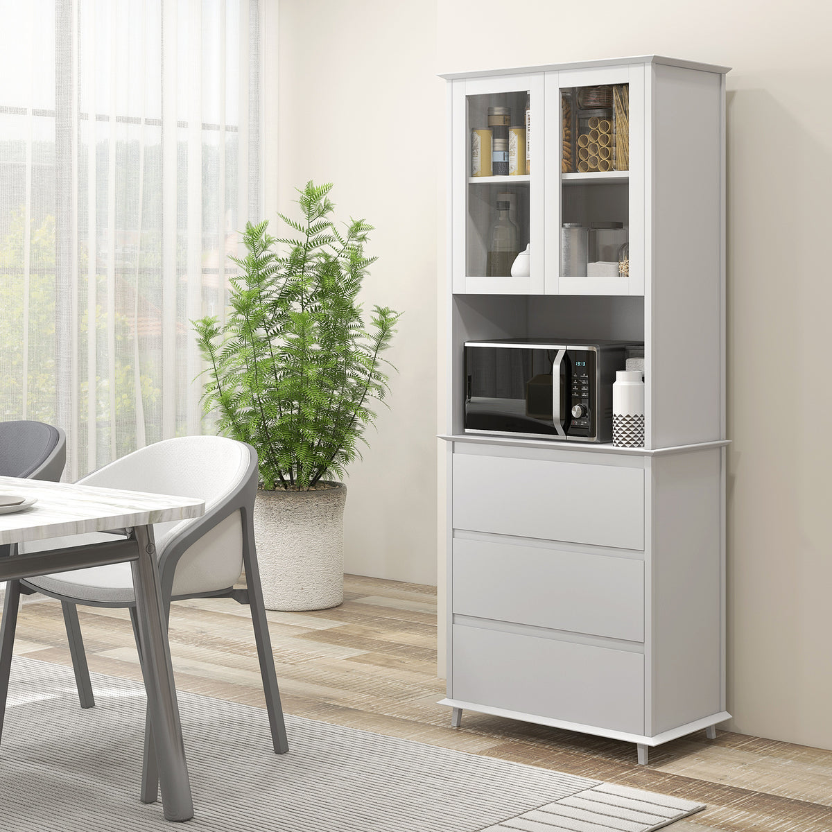 Buffet de cuisine meuble de rangement placard 2 portes 3 tiroirs et niche centrale dim. 68L x 38l x 172H cm MDF blanc