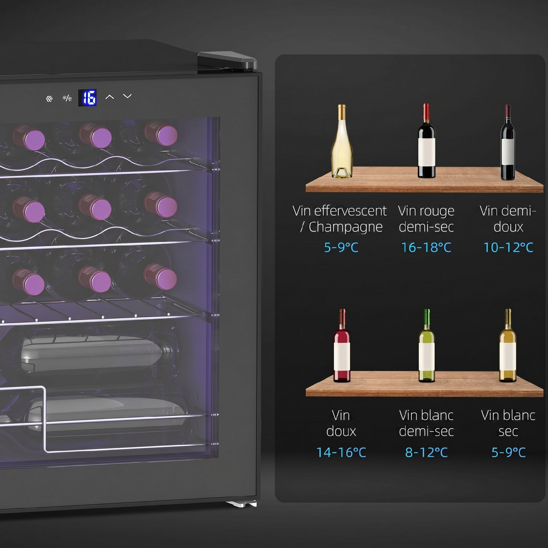 Cave à vin 16 bouteilles 42L, réfrigérateur à vin et boissons avec température réglable 5-18°C, porte en verre, noir