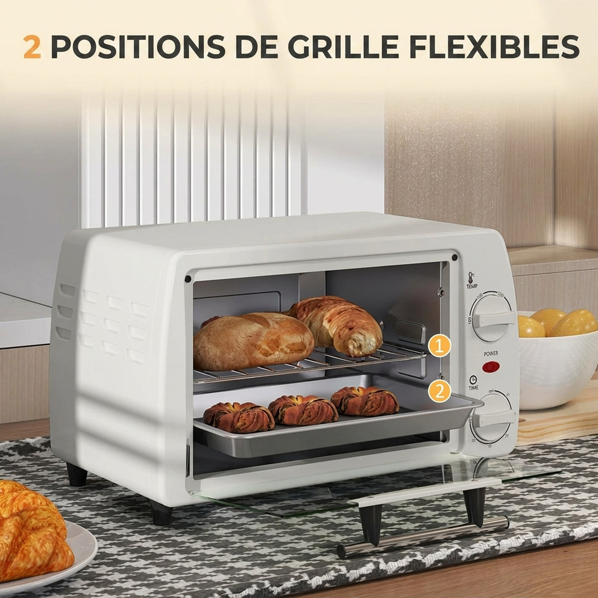 Mini forno elettrico 10L 1 griglia e 1 vassoio temperatura regolabile da 100°C a 230°C Timer 60 min 36,5x26x22 cm crema